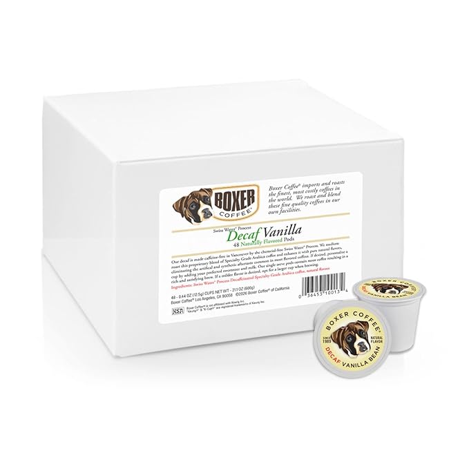 Boxer Coffee Swiss Water Process Decaf Vanilla Single Serve Pods 48ct – Naturally Flavored Medium Roast Coffee Pods – Specialty Grade Artisan – Compatible with Keurig K-Cup Brewers