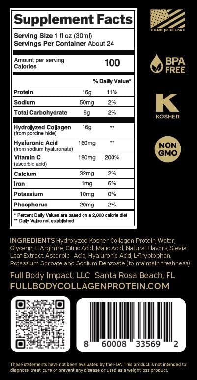 Liquid Collagen Protein w/Hyaluronic Acid &amp Vitamin C - Gold Edition (Apple) 16000mg (16g) Hydrolyzed Collagen Peptides Supplement - 1oz Packets (Box of 24)