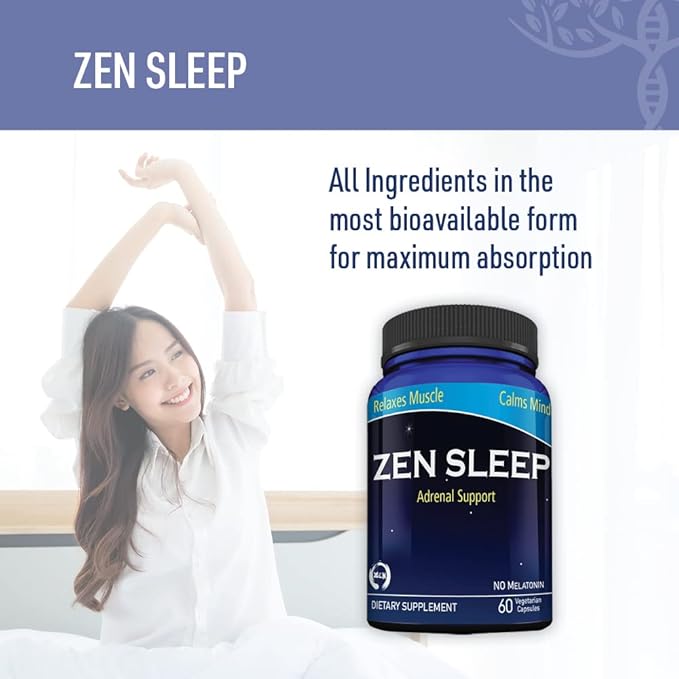 Zen Sleep | Non-Addictive Sleep Aid w/Adrenal Support. Contains Magnesium and Organic Herbs Chamomile Lemon Balm Passion Flower No melatonin