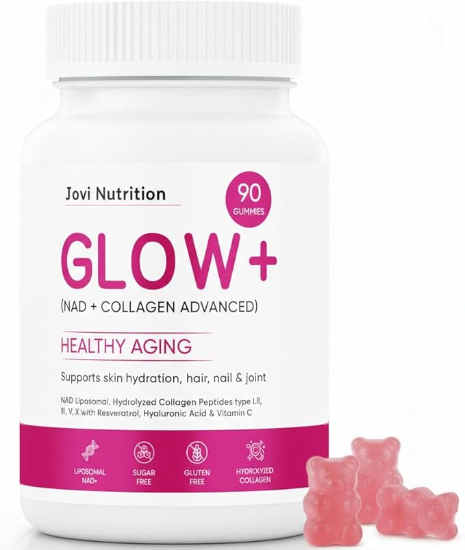 Jovi Glow+ NAD+ &amp Collagen Gummies Multi-Type Hydrolyzed Collagen Peptides Resveratrol Hyaluronicacid Vitaminc Supplement for Skin Hair Nails 90 Count (1 A)