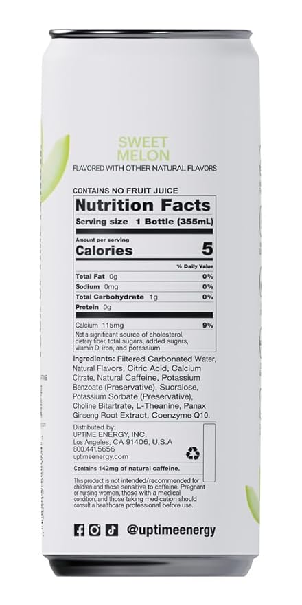 UPTIME Energy Drink Sweet Summer Melon Sparkling 12 Pack Vitamin C L Theanine Calcium Sugar Free Energy Drinks for Focus Support 142mg of Natural Caffeine 5 Calories Natural 12 fl oz Cans