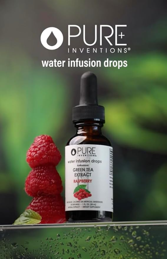 Pure Inventions - Water Infusion Drops - Daily Immunity Support Rich in Antioxidants Electrolytes - No Sugar Calories or Artificial Sweeteners - Green Tea Raspberry 30 serv.