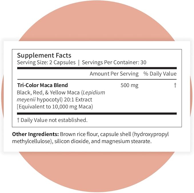 Pattern Wellness Maca Root Extract 20:1 (10000 mg Equivalent) – for Men &amp Women – Tri-Color Black/Red/Yellow Blend – 60 Vegan Non-GMO Capsules