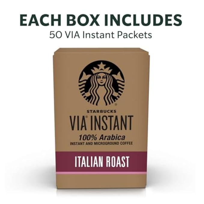Starbucks VIA Instant Coffee Dark Roast Coffee Italian Roast 100% Arabica Single-Serve 1 Box (50 Packets)