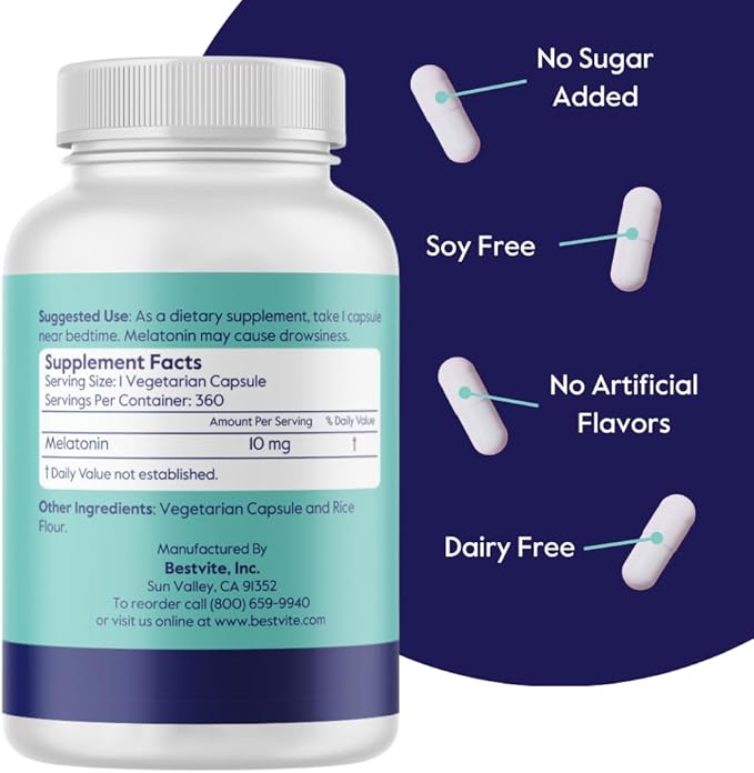BESTVITE Melatonin 10 mg - 360 Veg Caps - No Stearates - No Sucralose No Dextrose No Silicon Dioxide No Mannitol - Vegan - Non-GMO - Gluten-Free - Sleep Aid to Support Rest &amp Wake Cycles