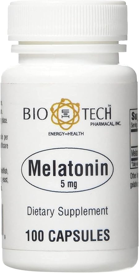 Bio-Tech Pharmacal Melatonin (5 mg) 100 Capsules – All-Natural Supplement – Support Sleep Cardiovascular Immune &amp Bone Health – No Dairy Fish Gluten Peanut Shellfish GMOS &amp Soy – No