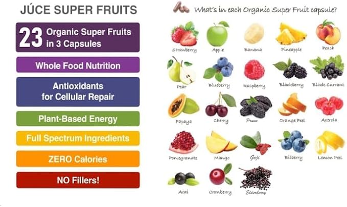 Juce Original Formula - Organic Super Fruit &amp Veggies Supplement - Gluten/Gelatin Free Soy Free &amp Vegan- Reds &amp Greens Superfood Capsules- 23 Fruits &amp 23 Vegetables (180 Count)- By Te