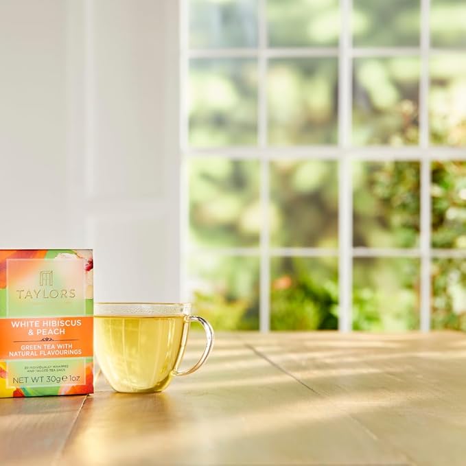 Taylors of Harrogate White Hibiscus &amp Peach Green Tea Individually Wrapped Bags 20 Count (Pack of 6) Delicate Fruity and Sweet Caffeinated Enjoy Hot or Iced 120 Teabags Total