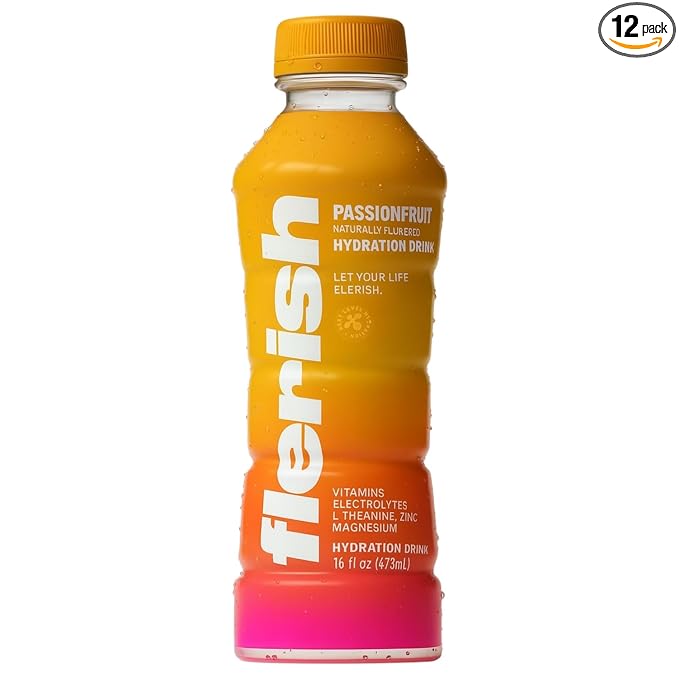 FLERISH Enhanced Hydration Drink Passionfruit Flavor - Watermelon Based Electrolytes with L-Theanine &amp Magnesium - 16 fl oz (Pack of 12)