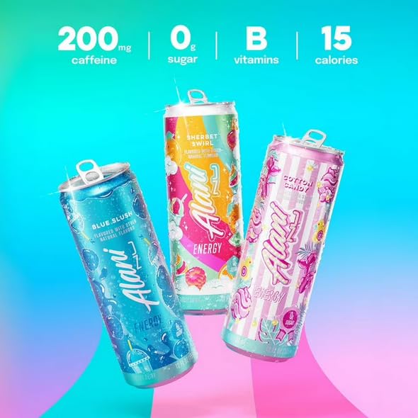 Alani. Nu Energy Drink Slush Variety Pack| (Pack Of 18) | 3 Different Flavors : Blue Slush Sherbet Swirl and Cotton Candy -12 fl. oz
