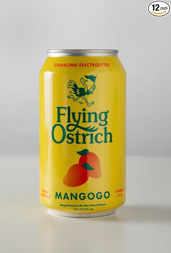 Flying Ostrich Mangogo Sparkling Electrolyte Hydration Drink - Mango Flavored with Ocean Minerals Magnesium &amp Vitamin C &amp D Low Sugar No Artificial Sweeteners 12 FL OZ Cans Pack of 12