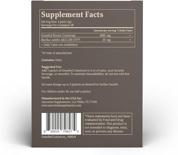 Ancestral Supplements Grass Fed Beef Bovine Colostrum Powder Packets Immune Support Supplement Gut Skin &amp Hair Health Support Supplements Promotes Growth and Repair Non GMO 30 Sticks Unflav