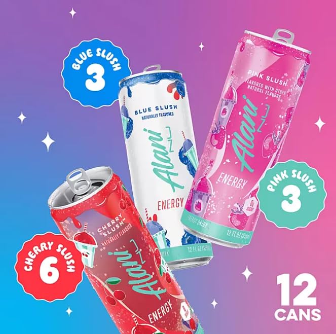 Alani Energy Drink Slush Pack | 6 Cherry Slush 3 Blue Slush 3 Pink Slush | 12 Pack 12 Fl Oz Per Can