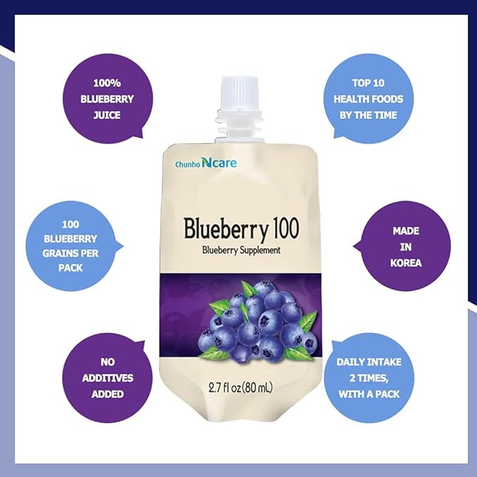 Chunho Food Blueberry Juice 100 Contains 100% Blueberry Juice. Neuroprotective Function Helps Relieve Eye Fatigue and Restore Eye Sight. No Preservatives and Artificial Additives. [30 Pack]