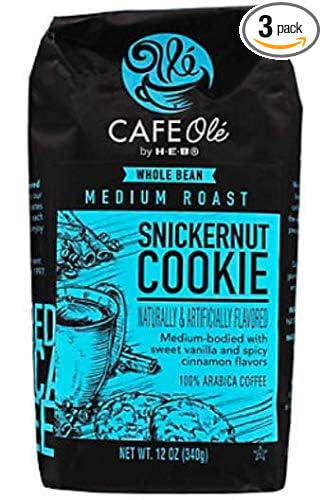 HEB Cafe Ole Whole Bean Coffee 12oz Bag (Pack of 3) (Snickernut Cookie - Medium Dark Roast (Full City))