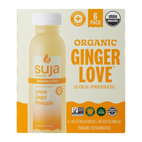 Organic Ginger Love Cold Pressed Lemon Ginger Apple Non-GMO Plant Based and Vegan No Added Sugar Keep Refrigerated USDA Organic 10.5 oz 6-count