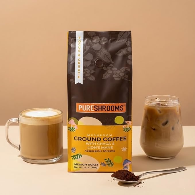PureShrooms Focus &amp Create Mushroom Coffee – Ground Arabica Blend with Organic Lion's Mane &amp Chaga for Enhanced Focus Memory and Immune Support – 340g