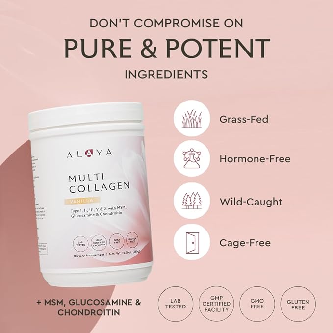 Alaya Multi Collagen Powder - Type I II III V X Hydrolyzed Collagen Peptides Protein Powder Supplement with MSM + GC (Vanilla)