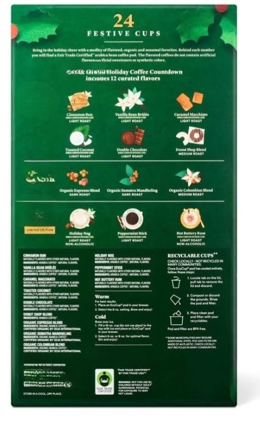 Holiday Coffee Countdown Advent Calendar Light Medium and Dark Roast Single Serve Coffee Pods -24ct