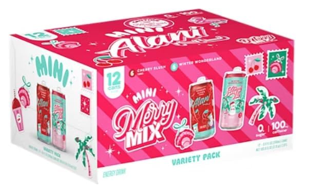 Alani Mini Merry Mix Energy Drink- (12 Drinks 8.4 Fl. Oz. Each) - Limited Edition Holiday Flavors Winter Wonderland/Cherry Slush Sugar free