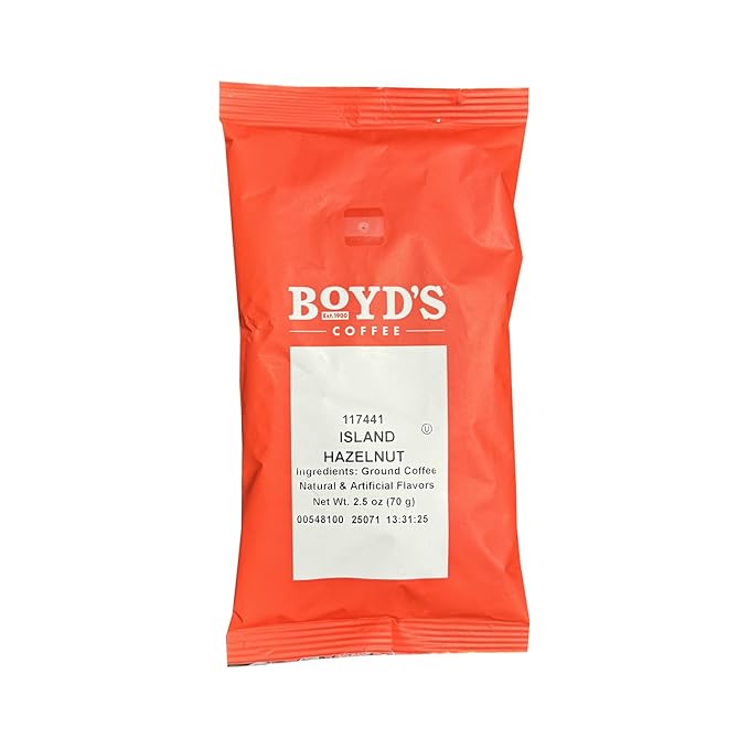 Boyd's Island Hazelnut Ground Coffee 5/2.5oz Pre-Portioned Packets - 12.5oz Total - Nutty with Distinct Coconut