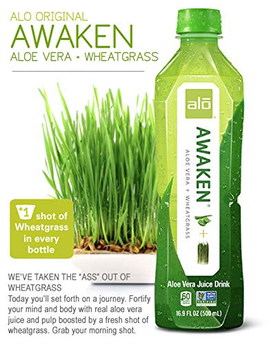 ALO Aloe Vera Juice Drink | AWAKEN - Aloe Vera + Wheatgrass | 16.9 fl oz Pack of 12 | Plant Based Drink with Real Aloe Vera Pulp
