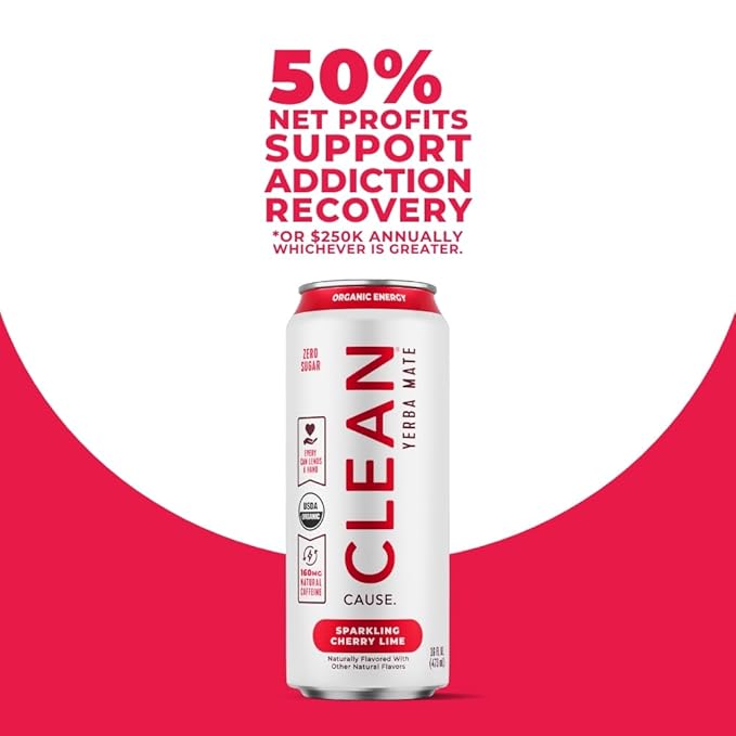CLEAN Cause Zero Sugar Cherry Lime Yerba Mate Tea Sparkling USDA Organic Energy Drink Alternative Zero Calorie 160mg Natural Caffeine Soda Alternative Plant-Based (16oz cans 12-Pack Case)