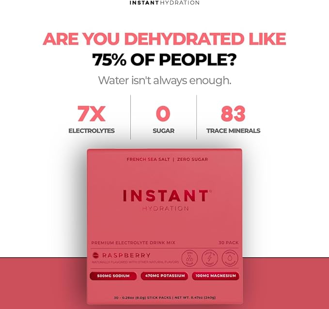 Instant Hydration Electrolytes Powder Packets - Raspberry Electrolyte Drink Mix - Zero Sugar - Keto Vegan Gluten-Free Non-GMO - Boost Recovery Brain Health Muscle &amp Tissue Support- 30 Sticks