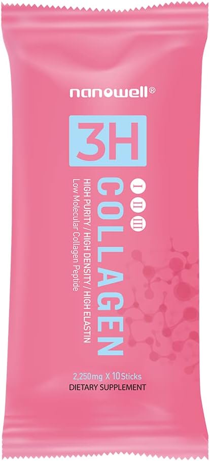 NANOWELL 3H Collagen Peptide 60 Sticks X 5 Boxes for 5 Months - I II &amp III with Vitamin AC E Hydrolyzed Elastin Peptide and Hyaluronic Acid - Hair Nail Skin and Joint Support (300 Count)