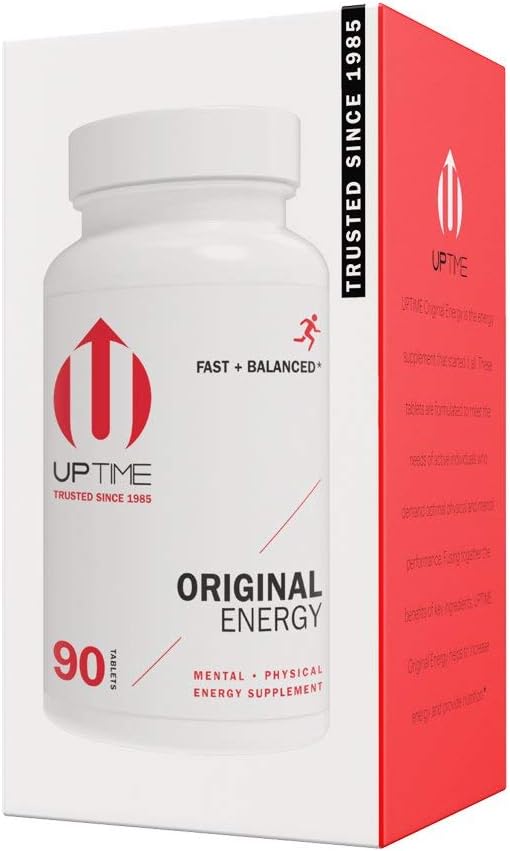 UPTIME Original Energy 90 Energy Tablets 200mg per Serving Made with Natural Caffeine Vitamin C CoQ10 Calcium Ginkgo Biloba Ginseng &amp L-Carnitine Zero Calories 66mg Caffeine Per Tablet
