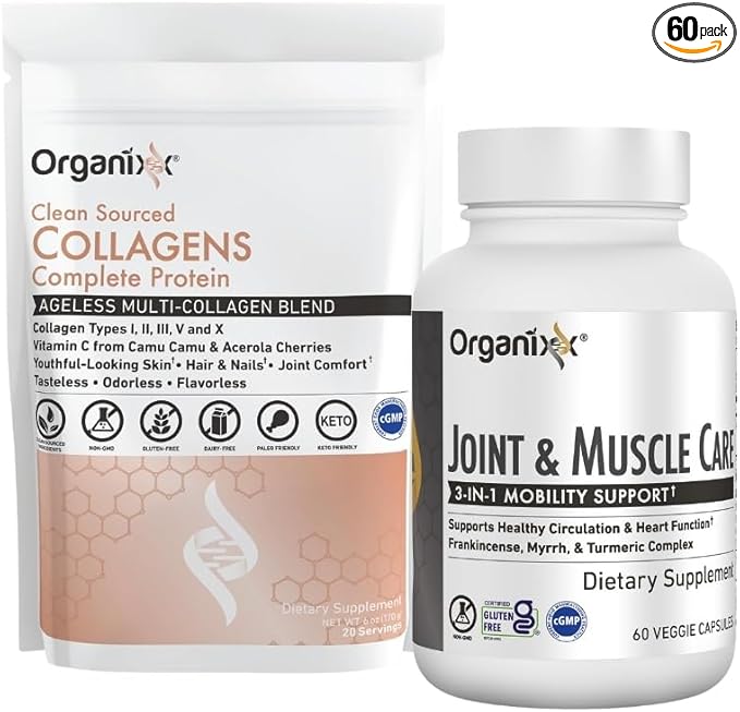 Organixx Clean Sourced Collagens (20 Serv) &amp Joint &amp Muscle Care (60 Caps) Bundle Collagen Protein plus Organic Turmeric Frankincense &amp Myrrh Supports Joint Skin Hair &amp Immune Hea