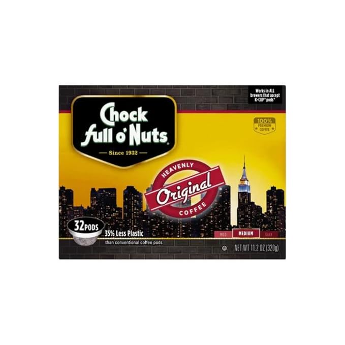 Chock Full o’ Nuts Original Roast Medium Roast K-Cups – Compatible with Keurig Pods K-Cup Brewers (1 Pack of 32 Single-Serve Cups)