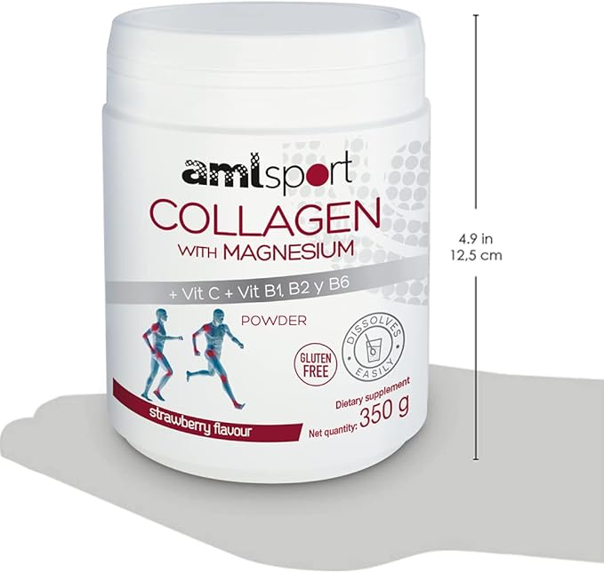 AML Sport - Collagen with Magnesium + VIT C B1 B2 and B6 Powder - 350g (Strawberry Flavour). Tissue Regenerator with Type 1 &amp2 Collagen. Gluten Free. Sugar Free
