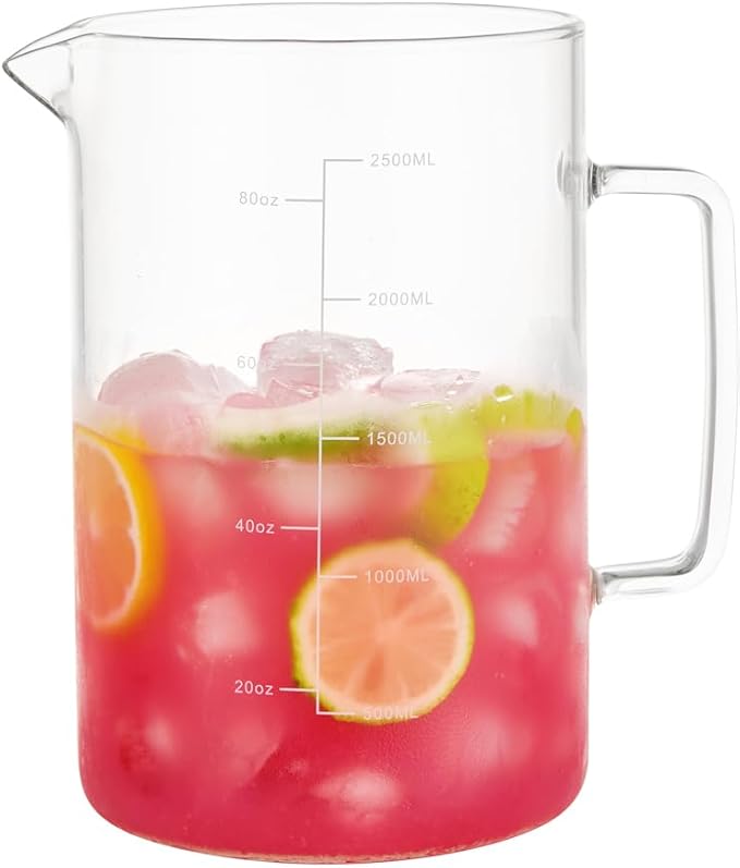 Glass Water Pitcher with Scale Line Dinner Table jug Large Serving Carafe for Water Juice Sangria Lemonade and Milk (Clear 85 oz)