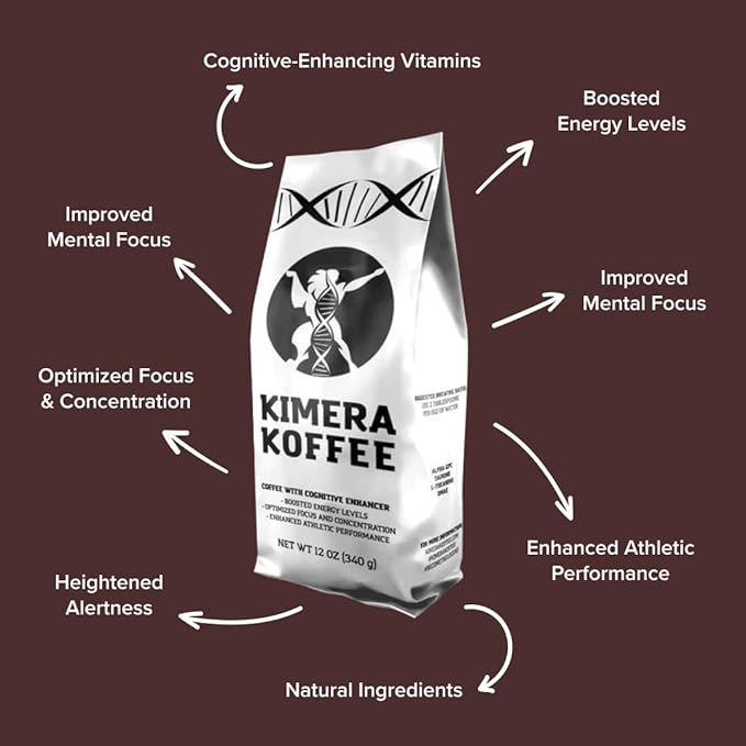 Kimera Koffee Original Blend - Organic Medium Roast Ground Coffee Vitamin-Infused with Taurine Alpha GPC DMAE L-Theanine for Cognitive Support &amp Athletic Performance 12oz