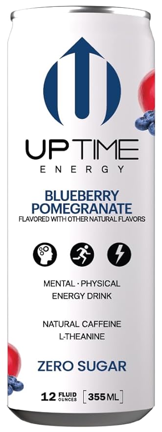 UPTIME Energy Drink Blueberry Pomegranate 12 Pack Vitamin C L Theanine Calcium Sugar Free Energy Drinks for Focus Support 142mg of Natural Caffeine 0 Calories Clean Natural 12 fl oz Cans
