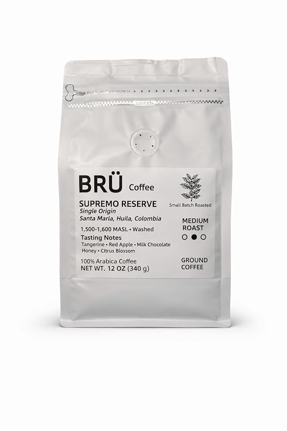 BRÜ Coffee Colombian Ground Coffee - Medium Roast - Single Origin – Huila High Elevation – 100% Arabica – Washed