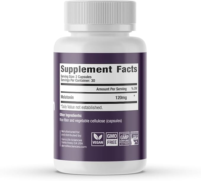 120 mg High Dosage Melatonin Supplement - Extra Strength High Potency Sleep Support Vegan Non-GMO Made in USA Easy-to-Swallow Capsules 60 Count (30 Servings)
