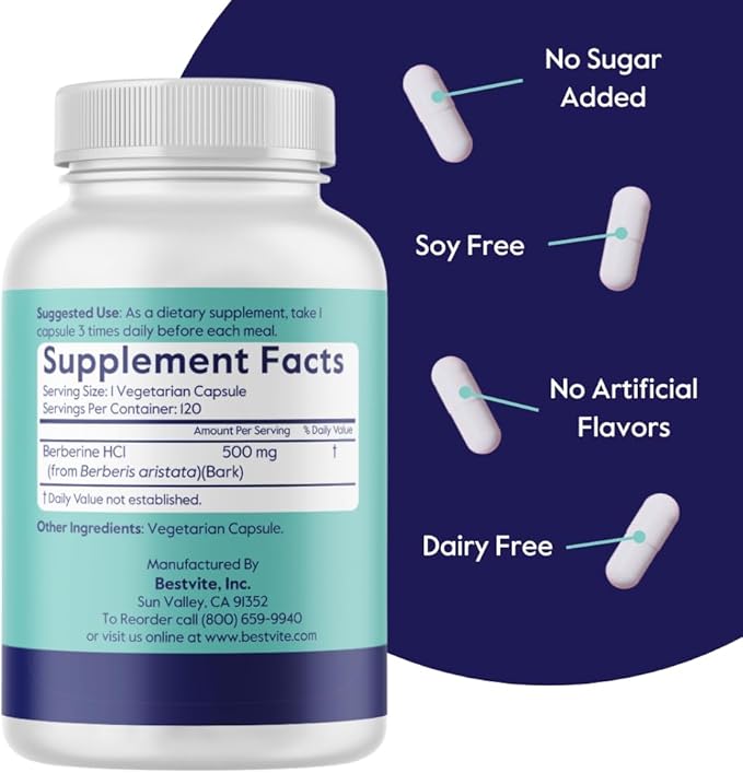 BESTVITE Berberine 500mg Per Capsule (120 Vegetarian Capsules) - No Fillers - No Stearates - No Flow Agents - Vegan - Gluten Free - Non GMO