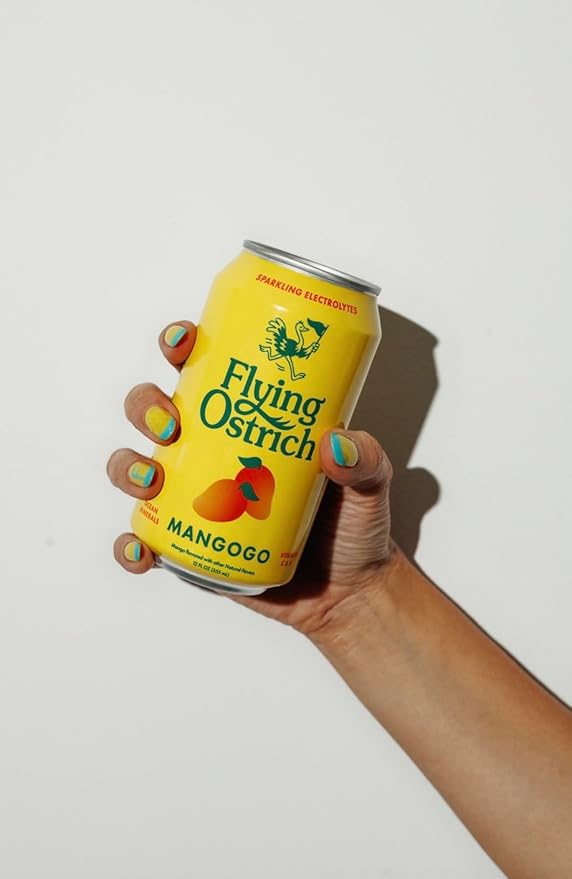 Flying Ostrich Mangogo Sparkling Electrolyte Hydration Drink - Mango Flavored with Ocean Minerals Magnesium &amp Vitamin C &amp D Low Sugar No Artificial Sweeteners 12 FL OZ Cans Pack of 12