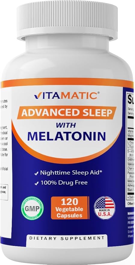 Vitamatic Advanced Sleep Aid with Melatonin - 120 Vegetable Capsules Made with B6 Magnesium L-Theanine L-Tryptophan 5-HTP GABA Valerian Chamomile Passion Flower Ashwagandha &amp Black Pepper