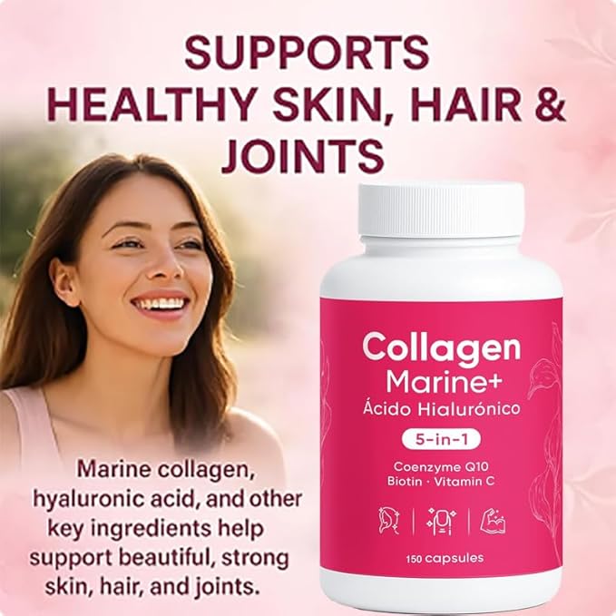Hydrolyzed Marine Collagen + Hyaluronic Acid Formula – 5-in-1 Beauty &amp Wellness Blend with CoQ10 Biotin &amp Vitamin C – Vegan Friendly Non-GMO 150 Capsules