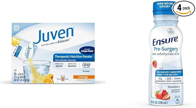 Juven Therapeutic Nutrition Drink Mix Powder for Wound Healing Support Includes Collagen Protein Orange 30 Count &amp Ensure Pre-Surgery Clear Carbohydrate Drink Strawberry 10 fl oz 4 Count
