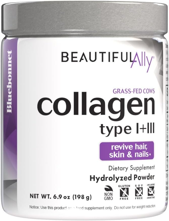 Bluebonnet Nutrition Beautiful Ally Collagen Powder Hydrolyzed Collagen from Grass Fed Cows Collagen Peptides Type 1 &amp 3 Non GMO Gluten Free Soy Free Milk Free 28 Servings Unsweetened 6.9
