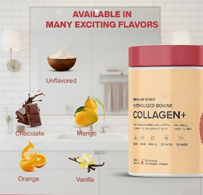 Collagen (250gm Orange) with Biotin Hyaluronic Acid Zinc Vitamin C &amp Glucosamine | for Skin Hair Nails &amp Joints