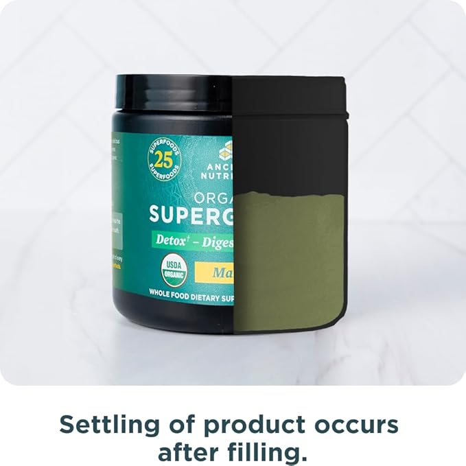 Ancient Nutrition SuperGreens Powder with Probiotics Organic Mango Flavor Greens Made from Real Fruits Vegetables and Herbs Digestive and Energy Support 12 Servings 3.3oz