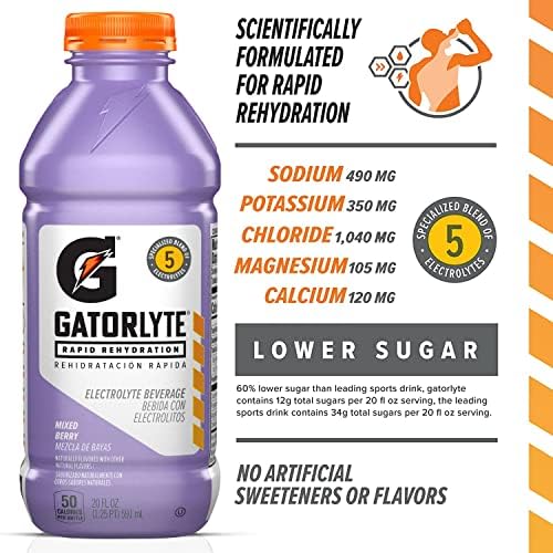 Gatorade Rapid Rehydration Electrolyte Beverage Mixed Berry 20oz Bottles (12 Pack)