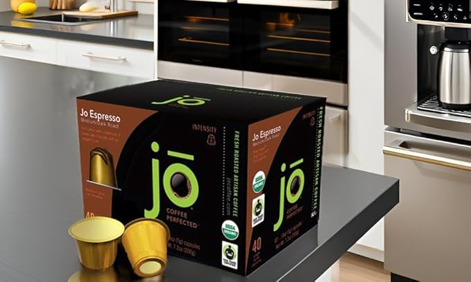 JO ESPRESSO: 40 Organic Nespresso Original Pods Compatible Original Line Compatible Fair Trade Certified Recyclable Medium/Dark Italian Roast with Thick Crema Crafted for Authentic Espresso