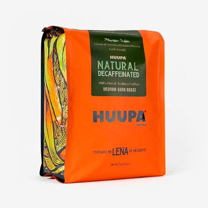 HUUPA Decaffeinated Coffee 100% Arabica Whole Bean Roasted with Mesquite Wood Smooth and Balanced Flavor Decaf 16 oz