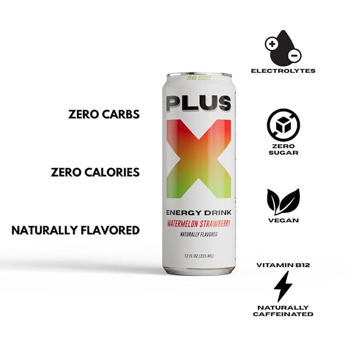 PLUS X Energy Drink – Watermelon Strawberry – 12 Pack | 150mg Natural Caffeine | Zero Sugar Zero Calories No Carbs | Electrolytes + B-Vitamins | Vegan No Artificial Flavors 12 oz. cans